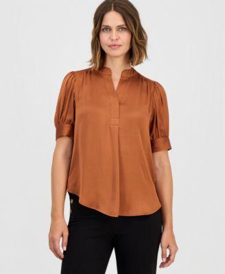 anne klein womens split neck puffed sleeve top