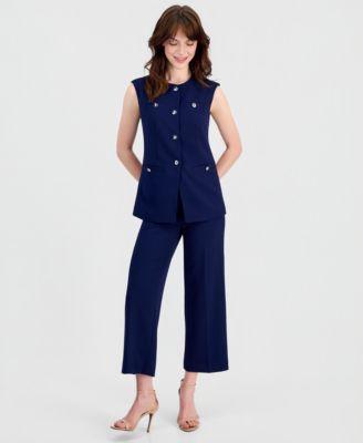 anne klein womens stretch crepe four button vest wide leg cropped pants