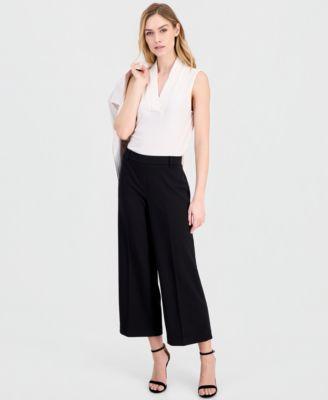 anne klein womens stretch crepe wide leg cropped pull on pants