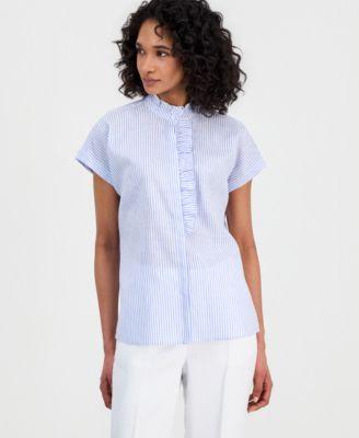 anne klein womens striped ruffled neck button front blouse