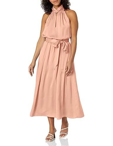 anne klein womens twist neck halter midi w/sash dress, cameo pink, medium us