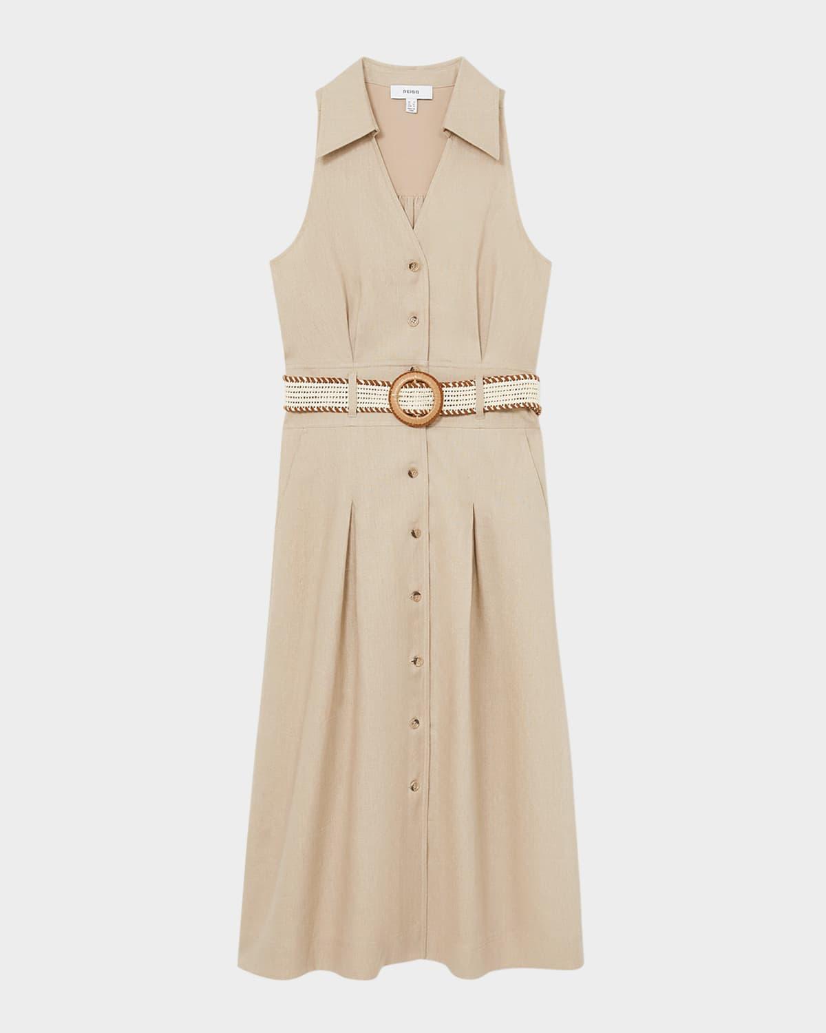 annie pleated button-down linen midi dress