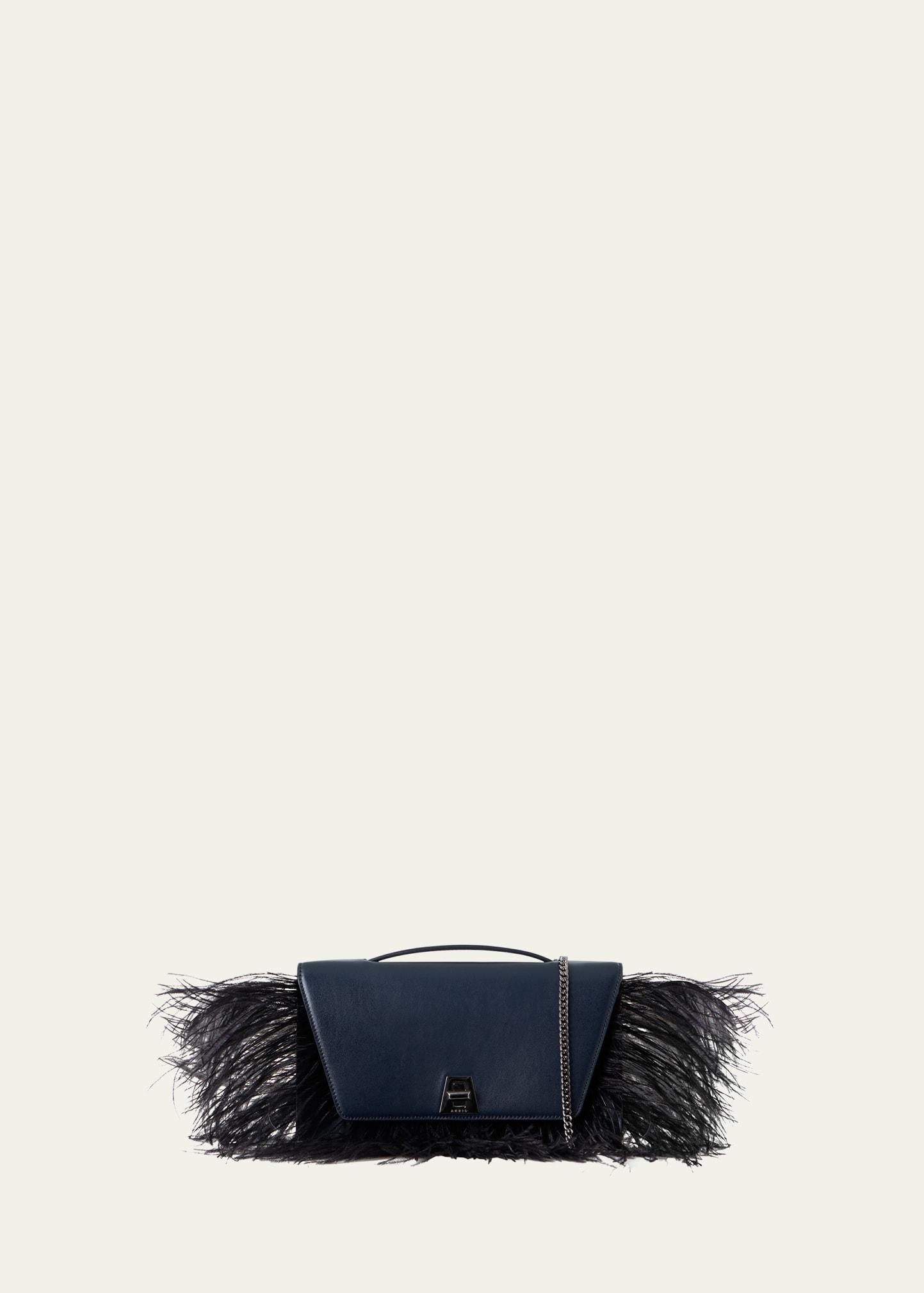 anouk city leather top-handle bag with feather trim