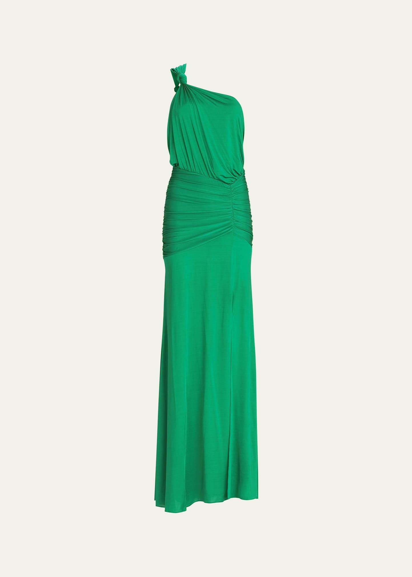 antara one-shoulder knotted jersey ruched maxi dress