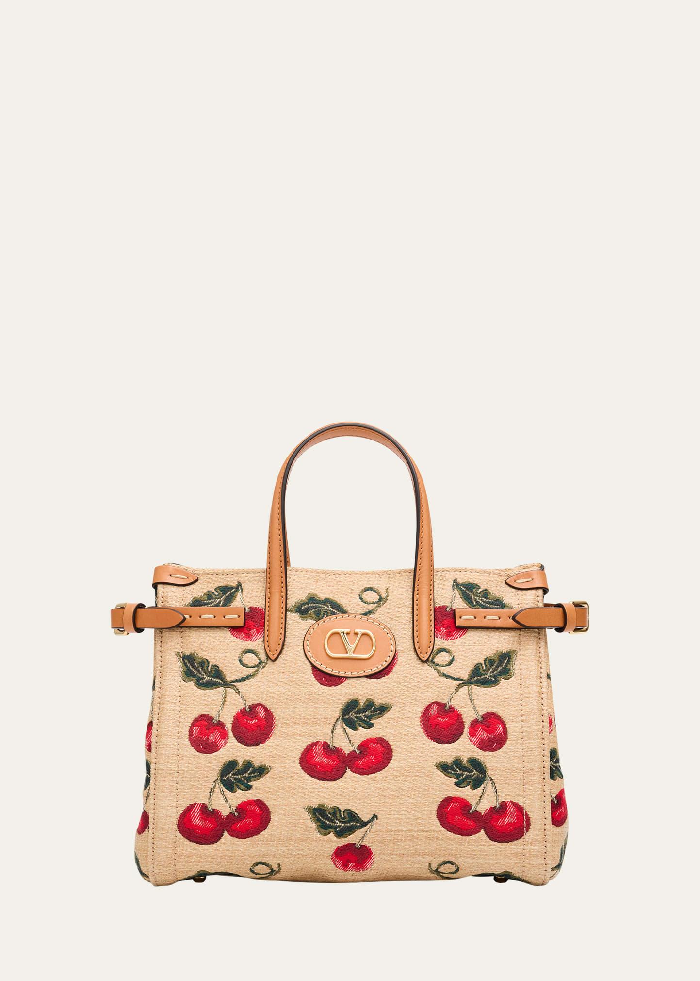antibes small raffia cherry jacquard tote bag