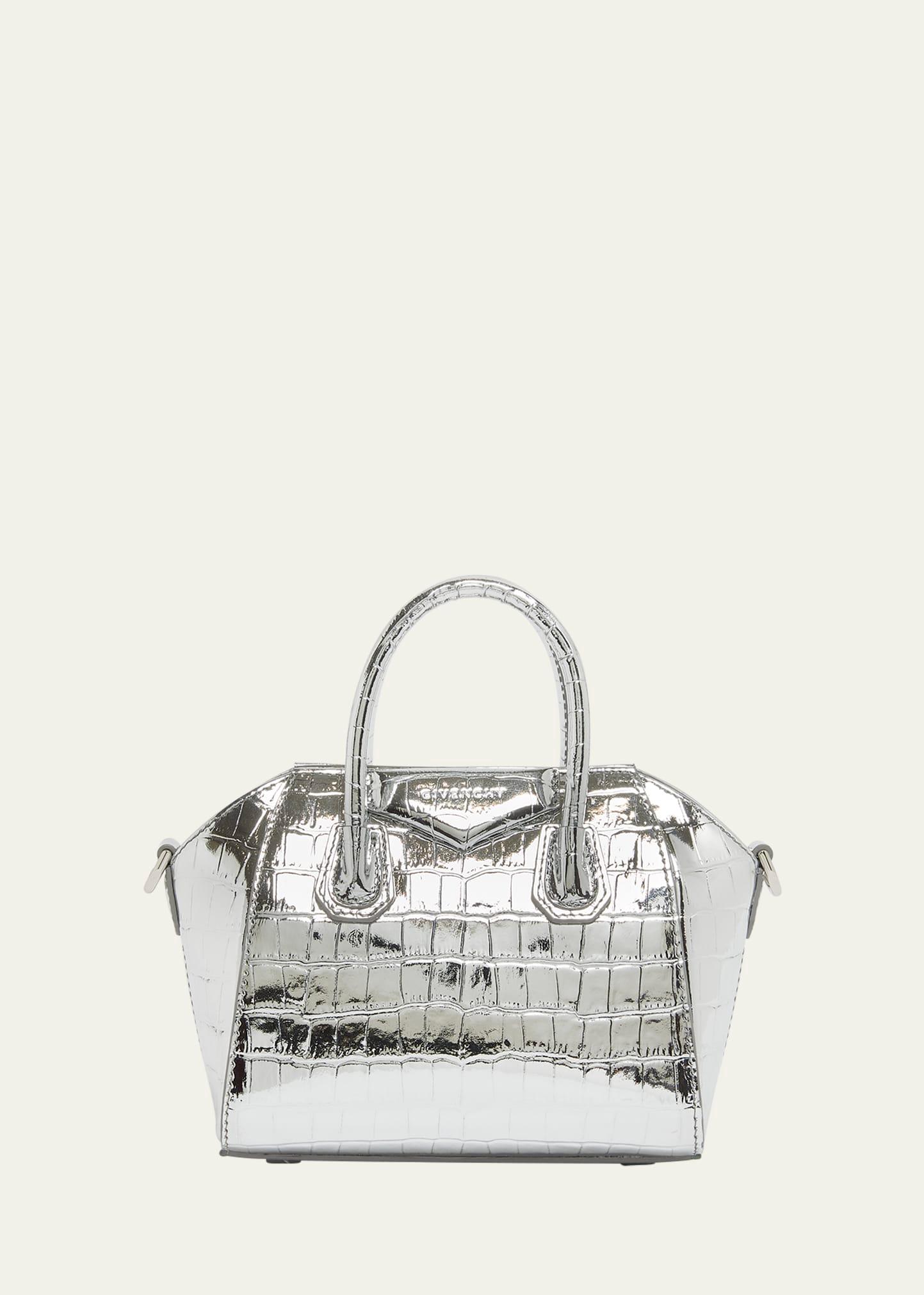 antigona toy top-handle bag in metallic croc-embossed leather