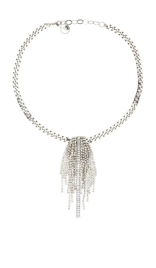 anton heunis short chain with a chandelier brooch necklace in metallic silver.