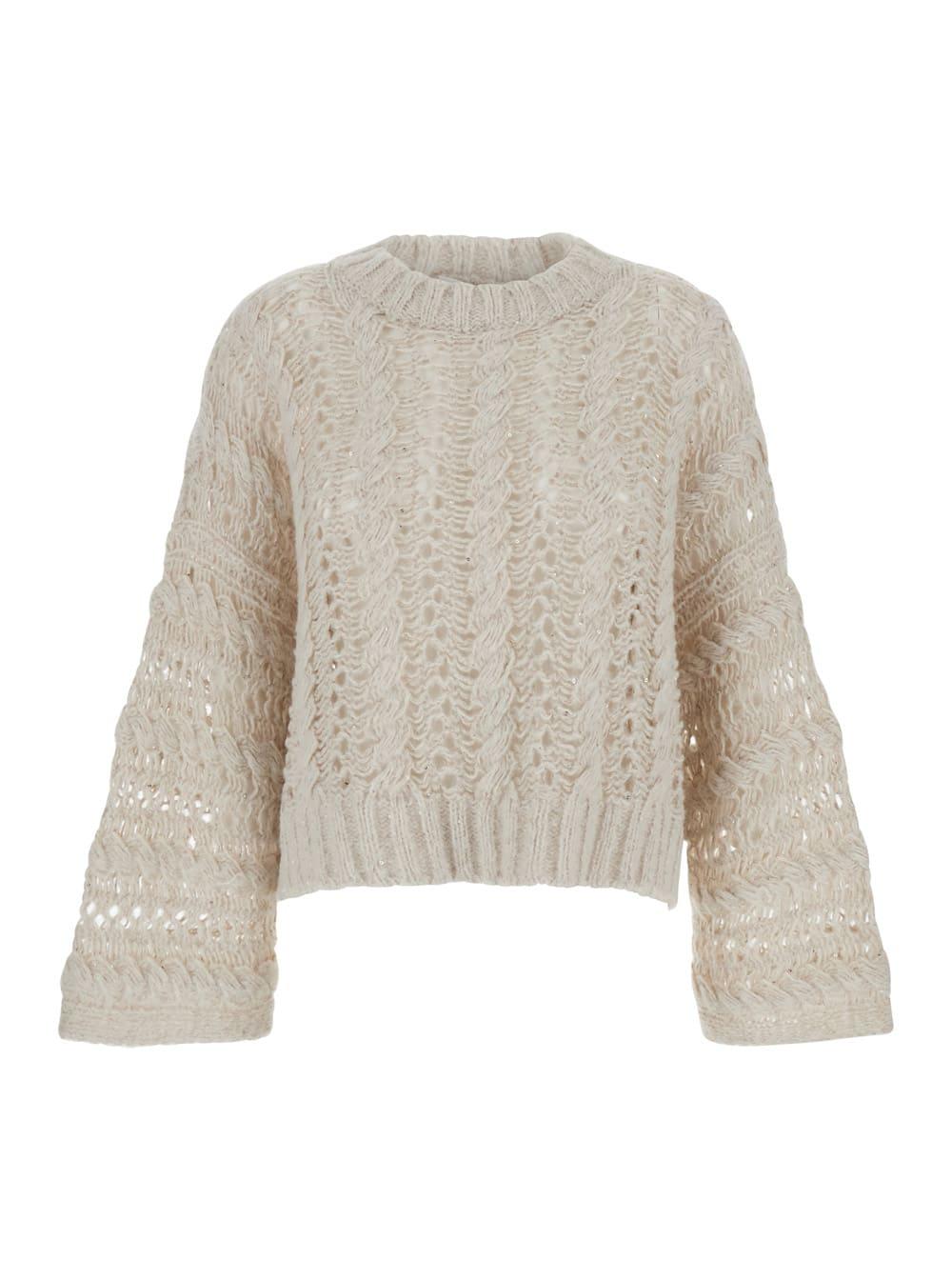 antonelli beige crewneck sweater with braided knit detail in wool and cashmere blend woman