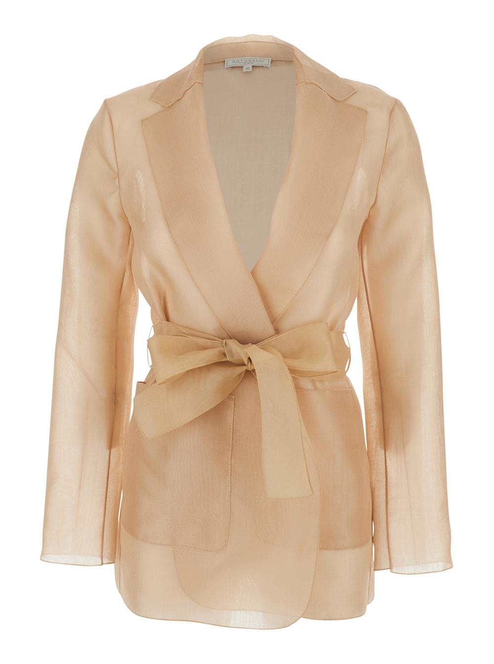 antonelli james organza jacket beige with long sleeves and silk front closure for women