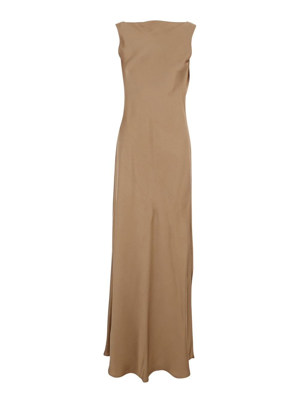 antonelli long dress mara with boat neckline and draping on the back in beige viscose blend for women