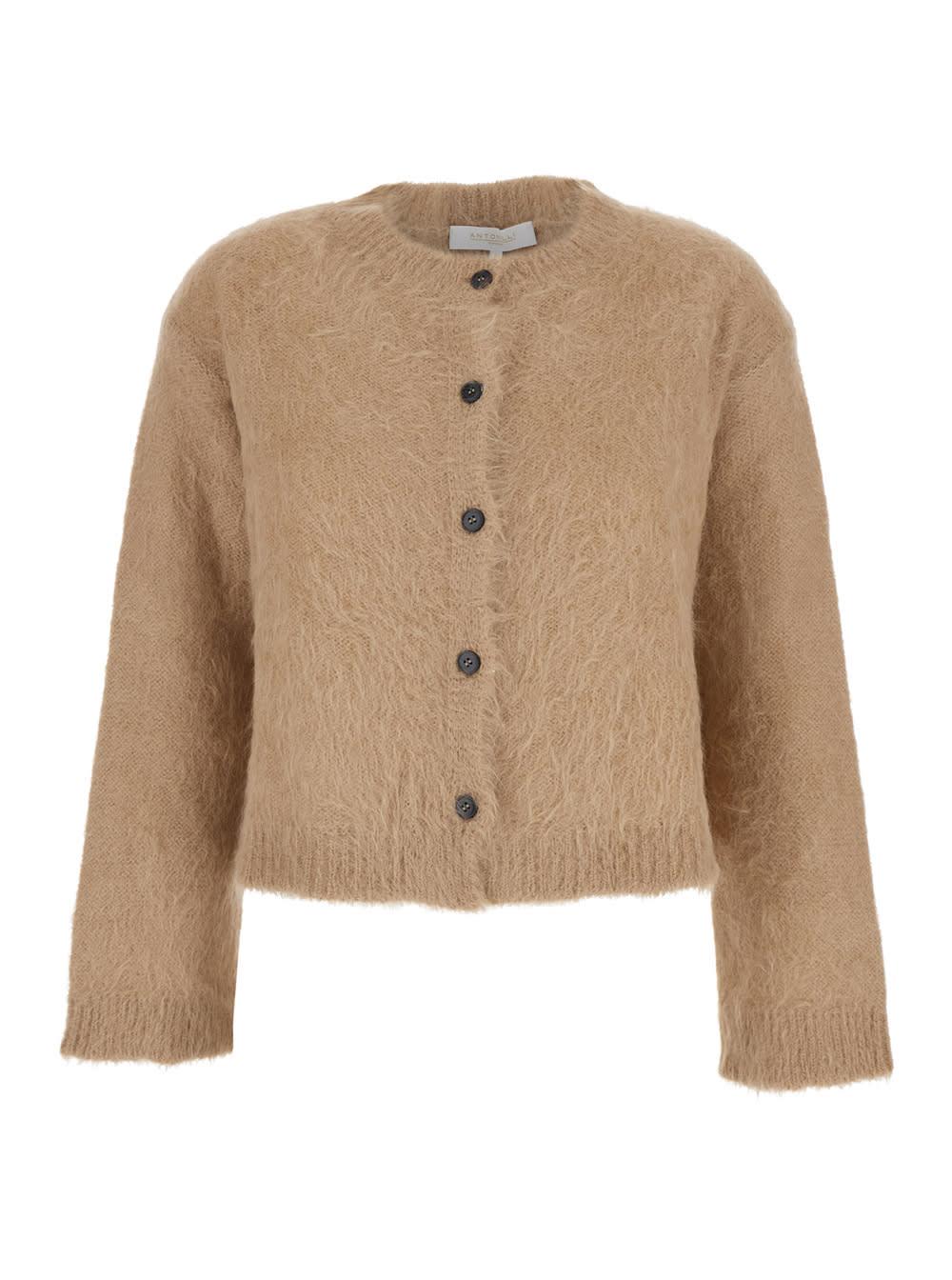 antonelli marzia beige crewneck cardigan with ribbed trims in wool woman
