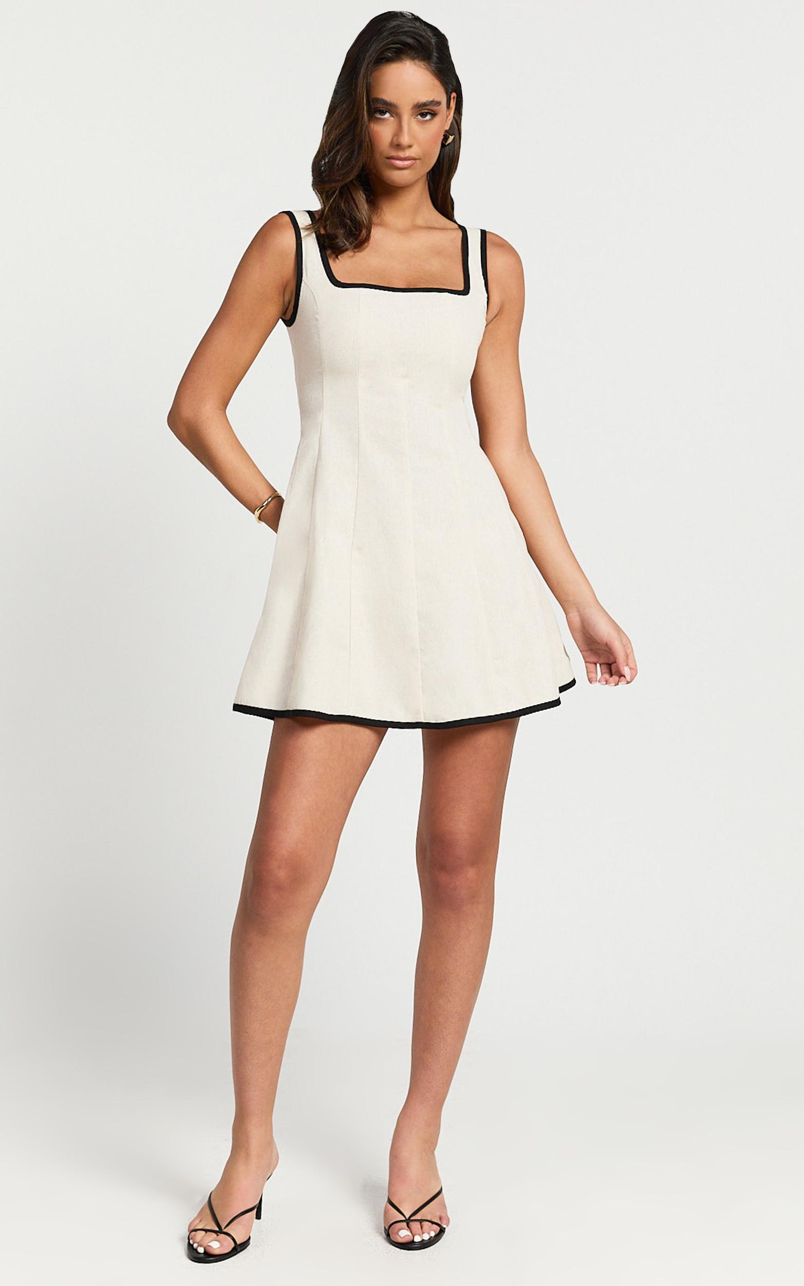 antoni mini dress - linen ruched back square neck fit and flare dress in natural