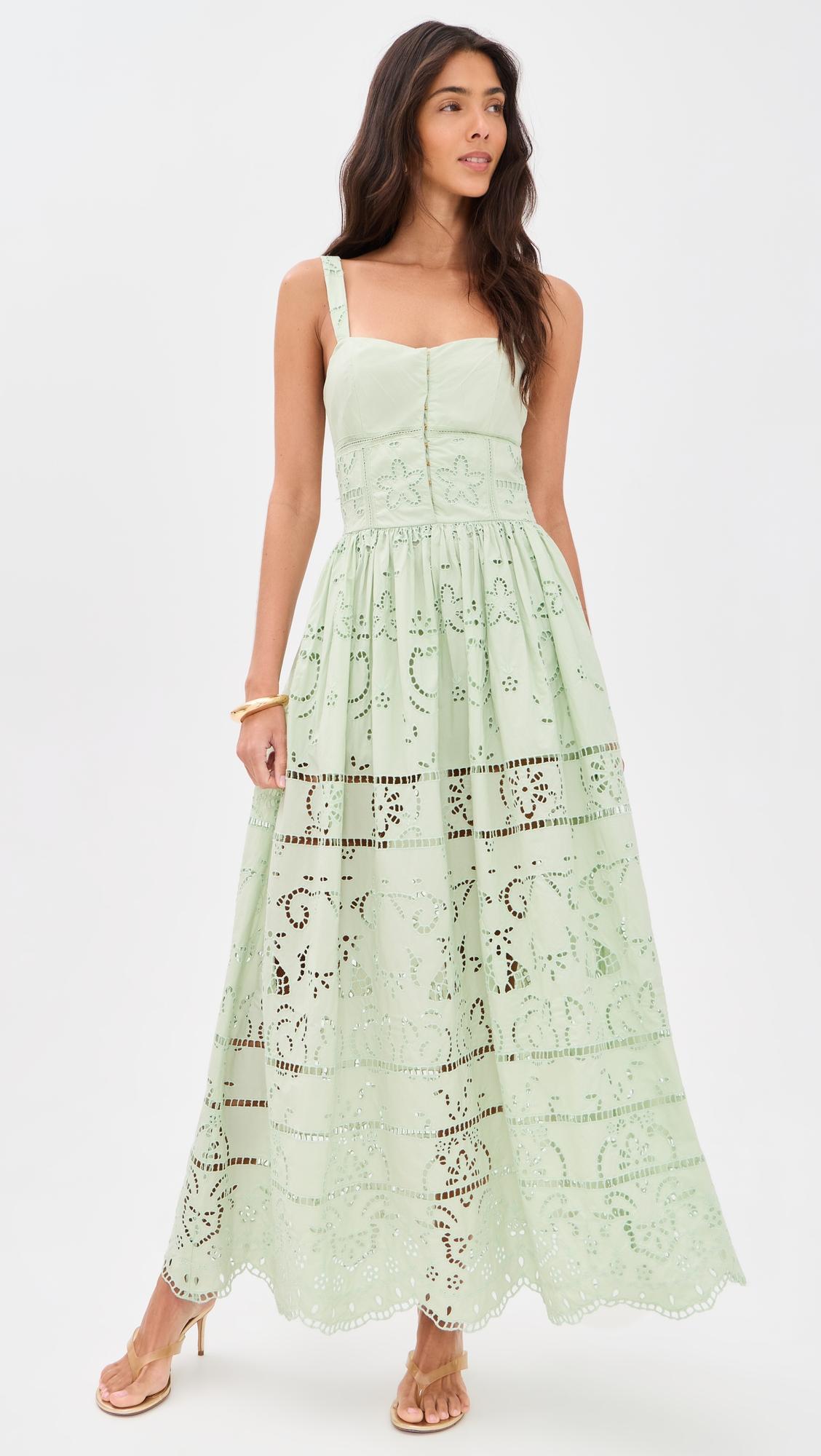 anya embroidered soft sweetheart midi dress