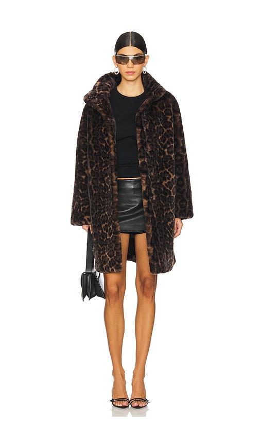 apparis blair leopard mid length coat in brown.