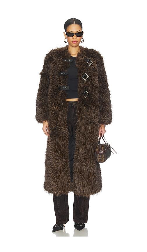 apparis nolwen fox maxi coat in brown.