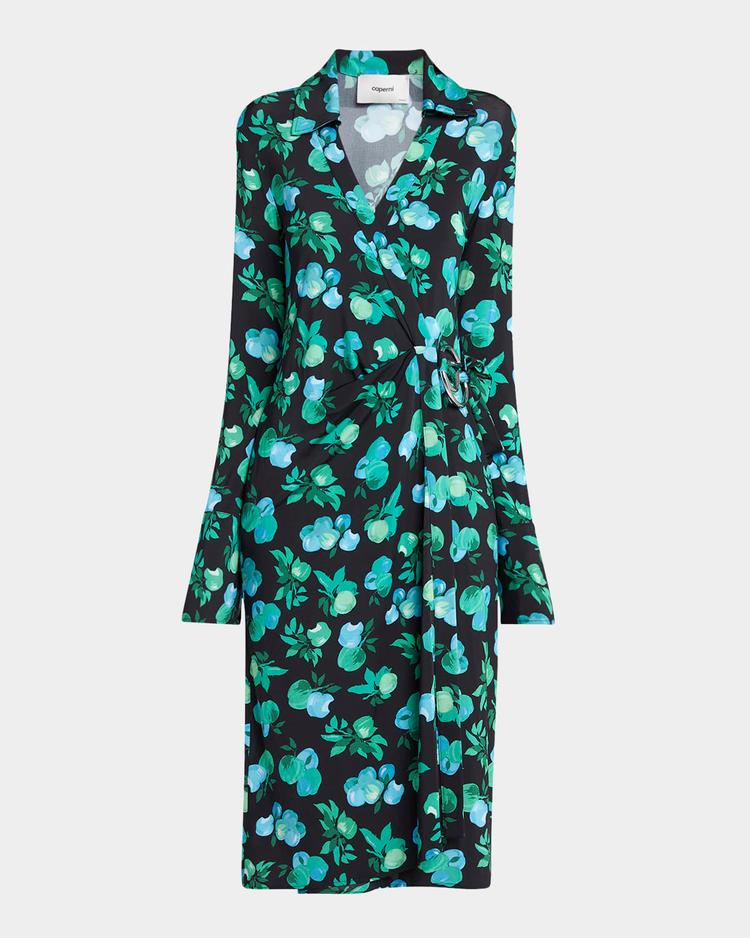 apple-print midi wrap shirtdress
