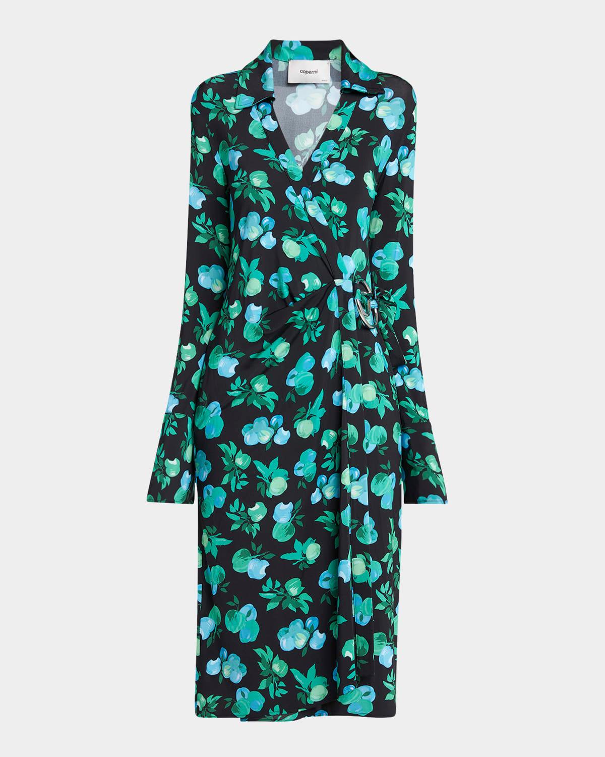 apple-print midi wrap shirtdress