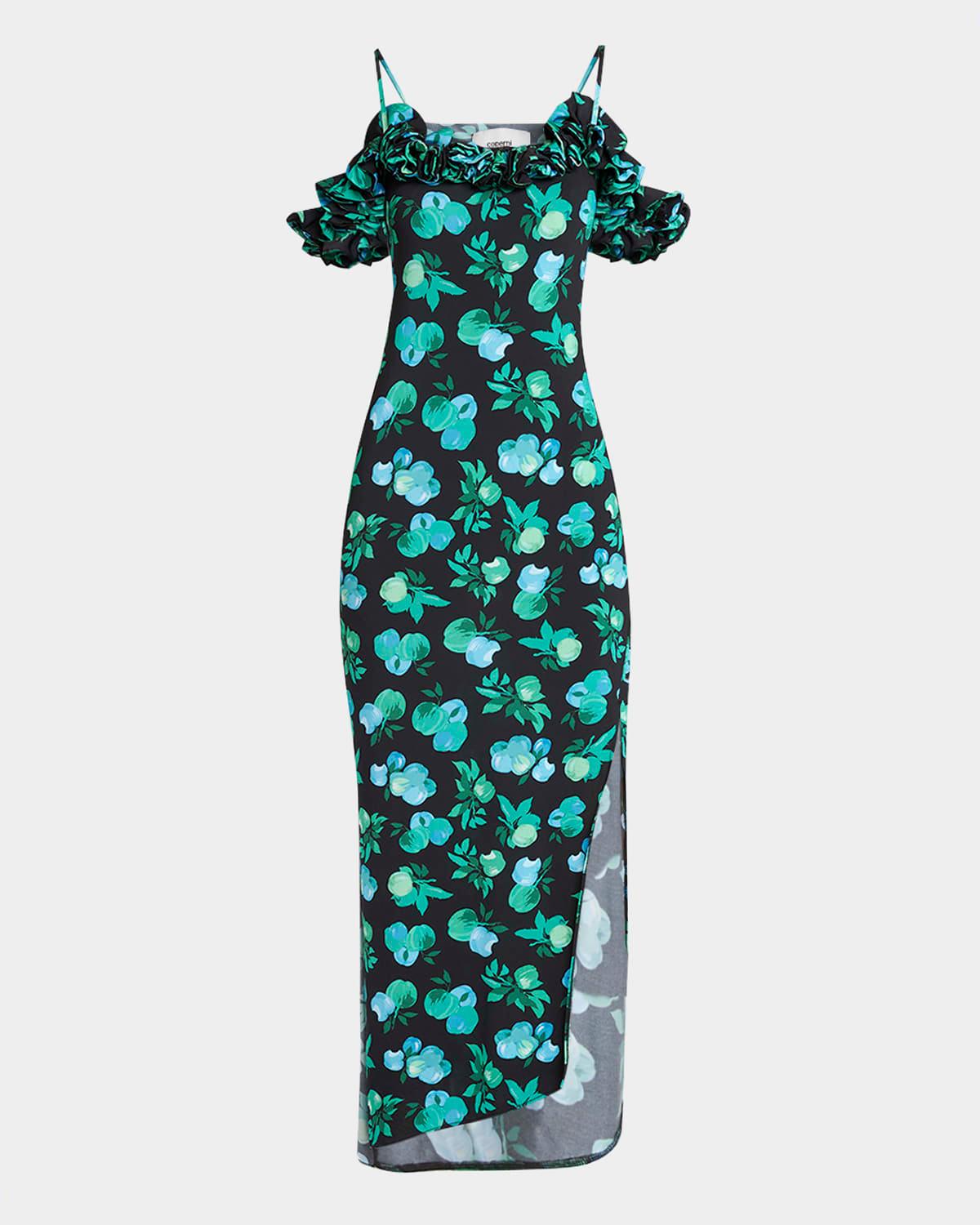 apple-print ruffle off-the-shoulder midi dress