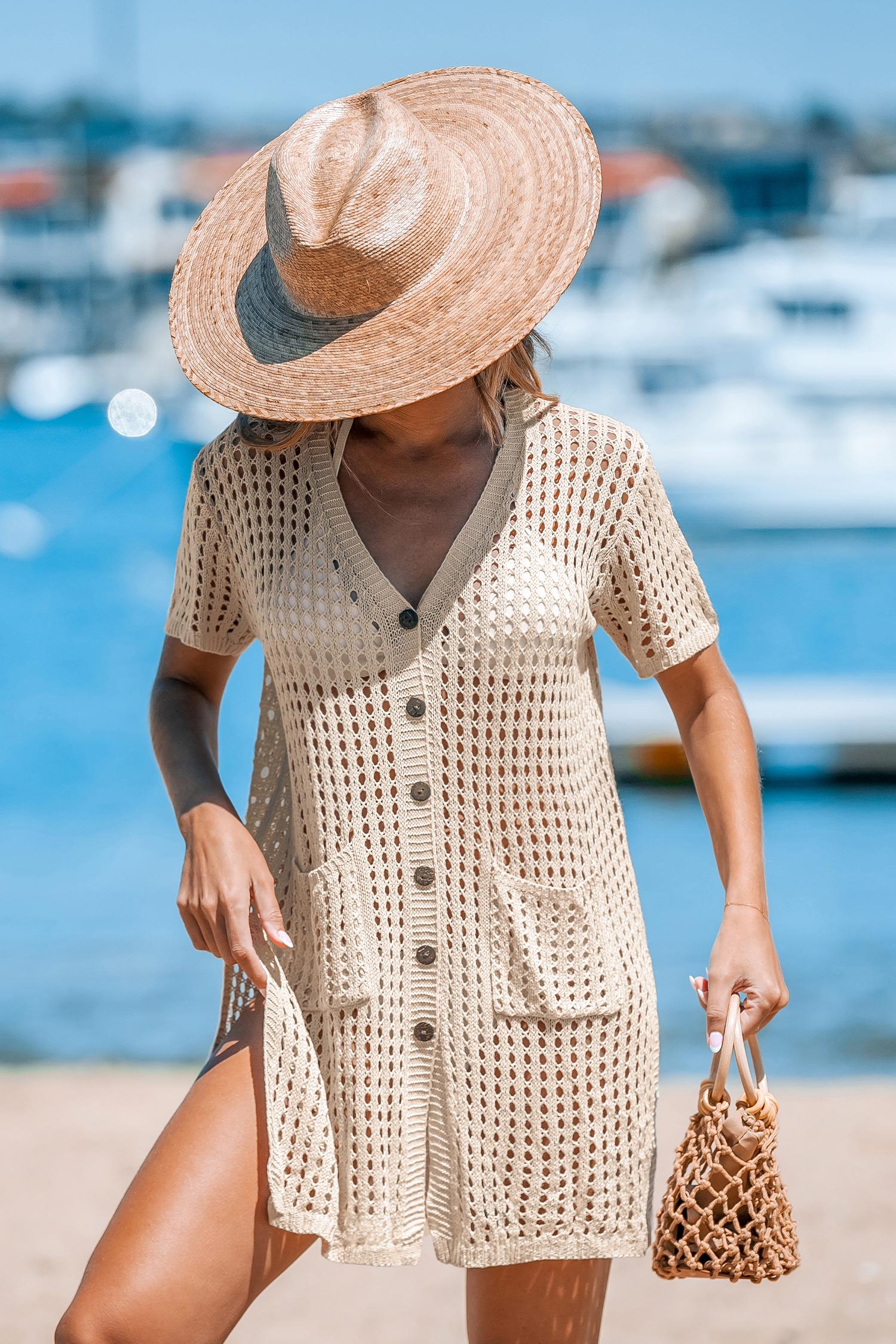 apricot open knit front button cover-up - l