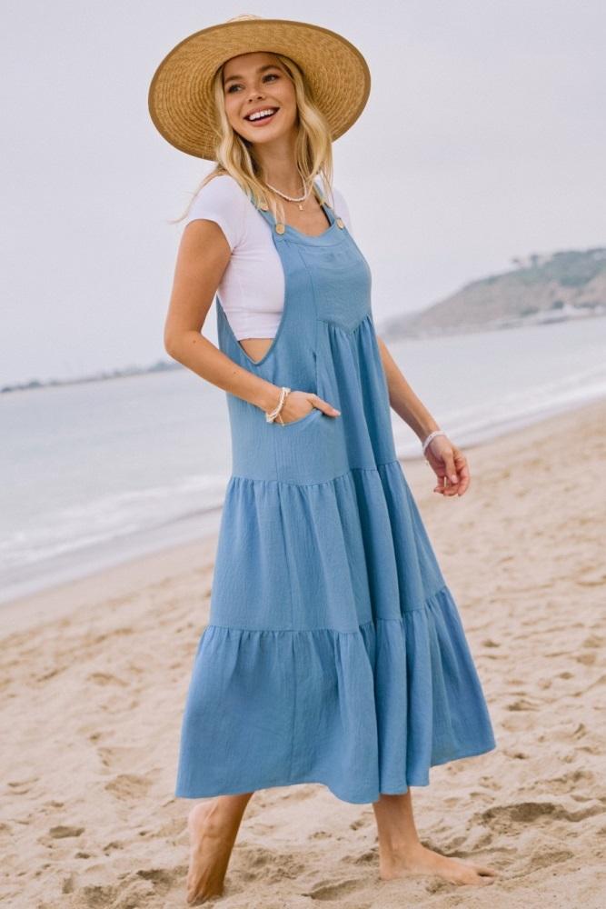 aqua blue button sling tiered maternity midi dress