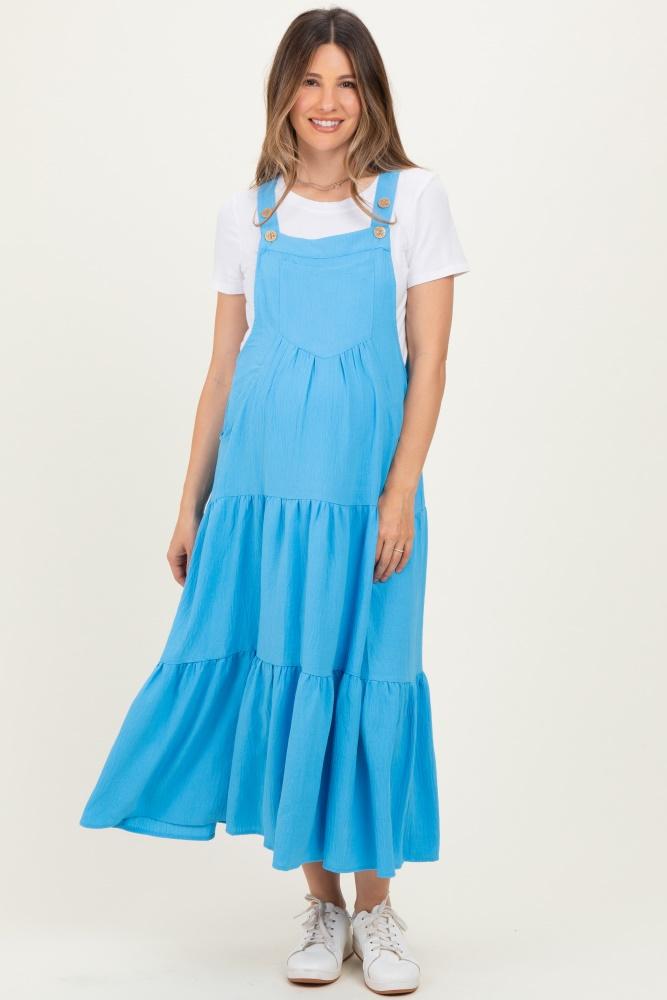 aqua blue button sling tiered maternity midi dress