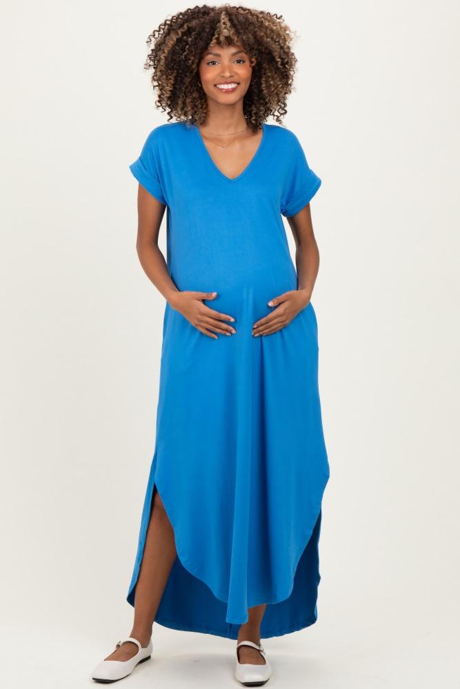 aqua blue side slit maternity maxi dress