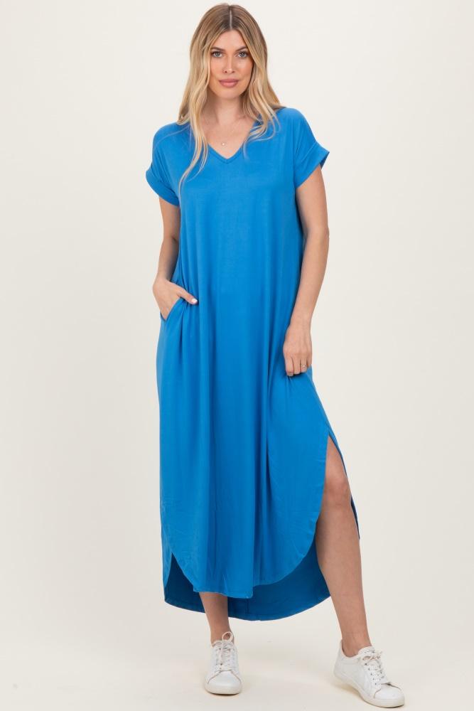aqua blue side slit maxi dress