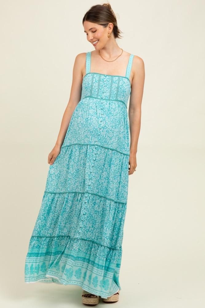 aqua border print sleeveless maternity maxi dress