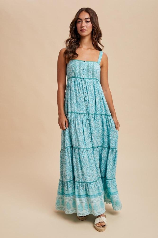 aqua border print sleeveless maxi dress