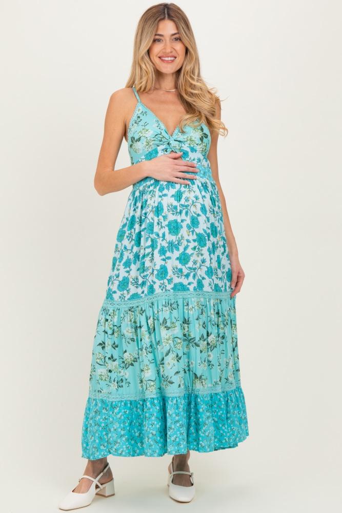 aqua multi floral print twist front cutout maternity maxi dress