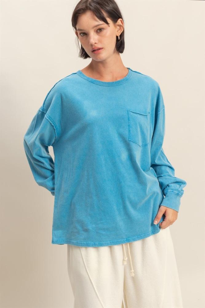 aqua oversized washed long sleeve pocket top
