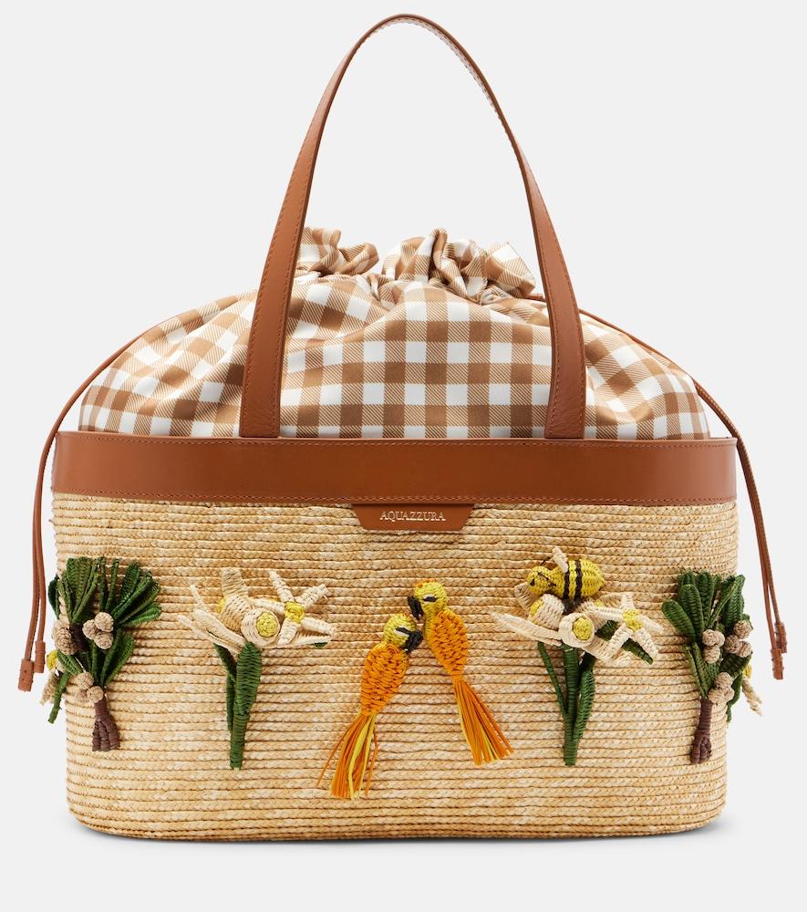 aquazzura birdsong appliqué raffia tote bag