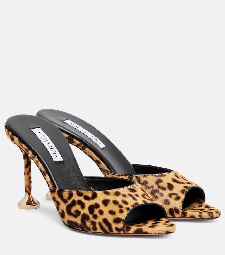 aquazzura bisous 85 leopard-print calf hair mules