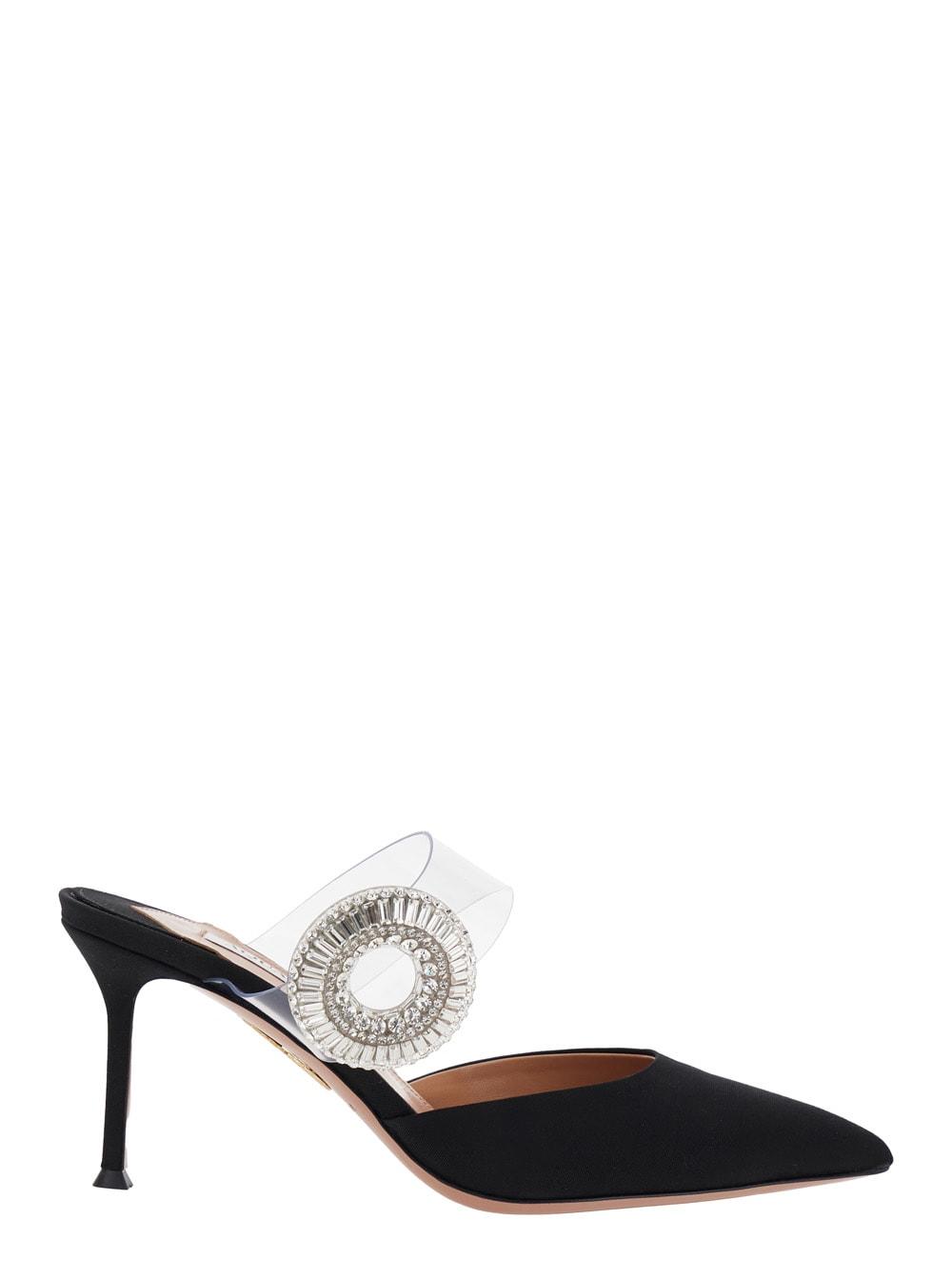 aquazzura black slingback mules with crystal embellishment and transparent strap in suede woman