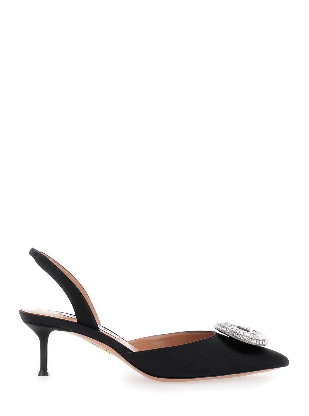 aquazzura crystal hoop black slingback pumps with rhinestoned embellishment and kitten heel in tech fabric woman