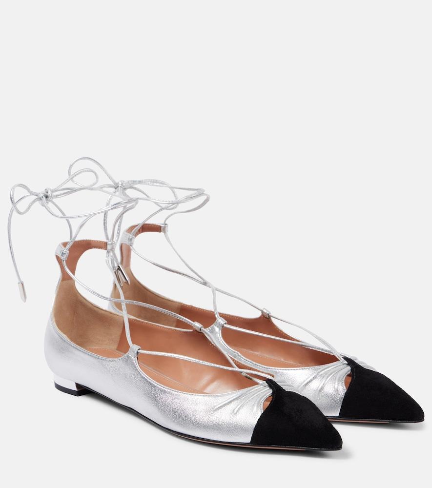 aquazzura gabi suede-trimmed metallic leather flats