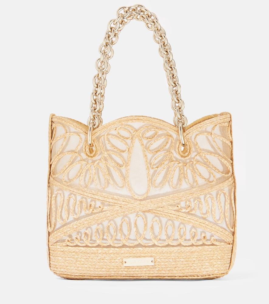 aquazzura kahlo mini logo raffia tote bag