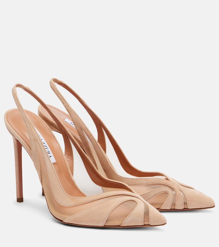 aquazzura lune 105 mesh and suede slingback pumps