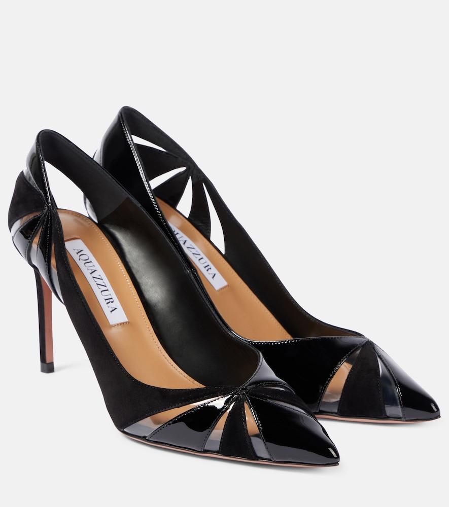 aquazzura puzzle 85 patent leather, suede, and pvc pumps