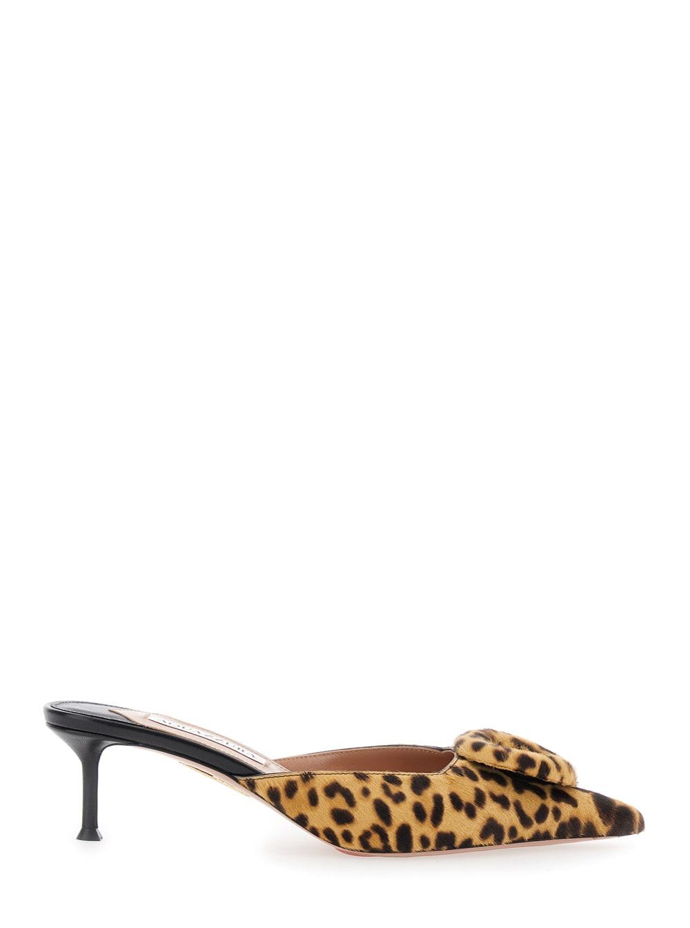 aquazzura the hood brown mules with bow detail and leopard motif in suede woman
