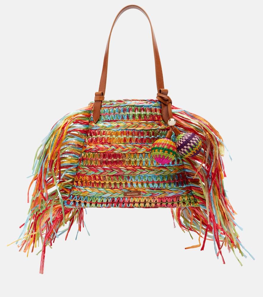 aquazzura trancoso fringed raffia tote bag