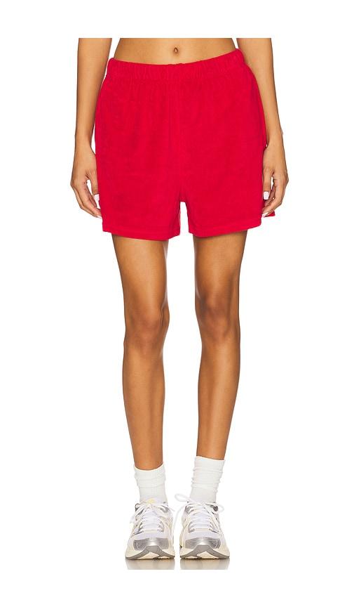 araminta james rhodes terry short in red.