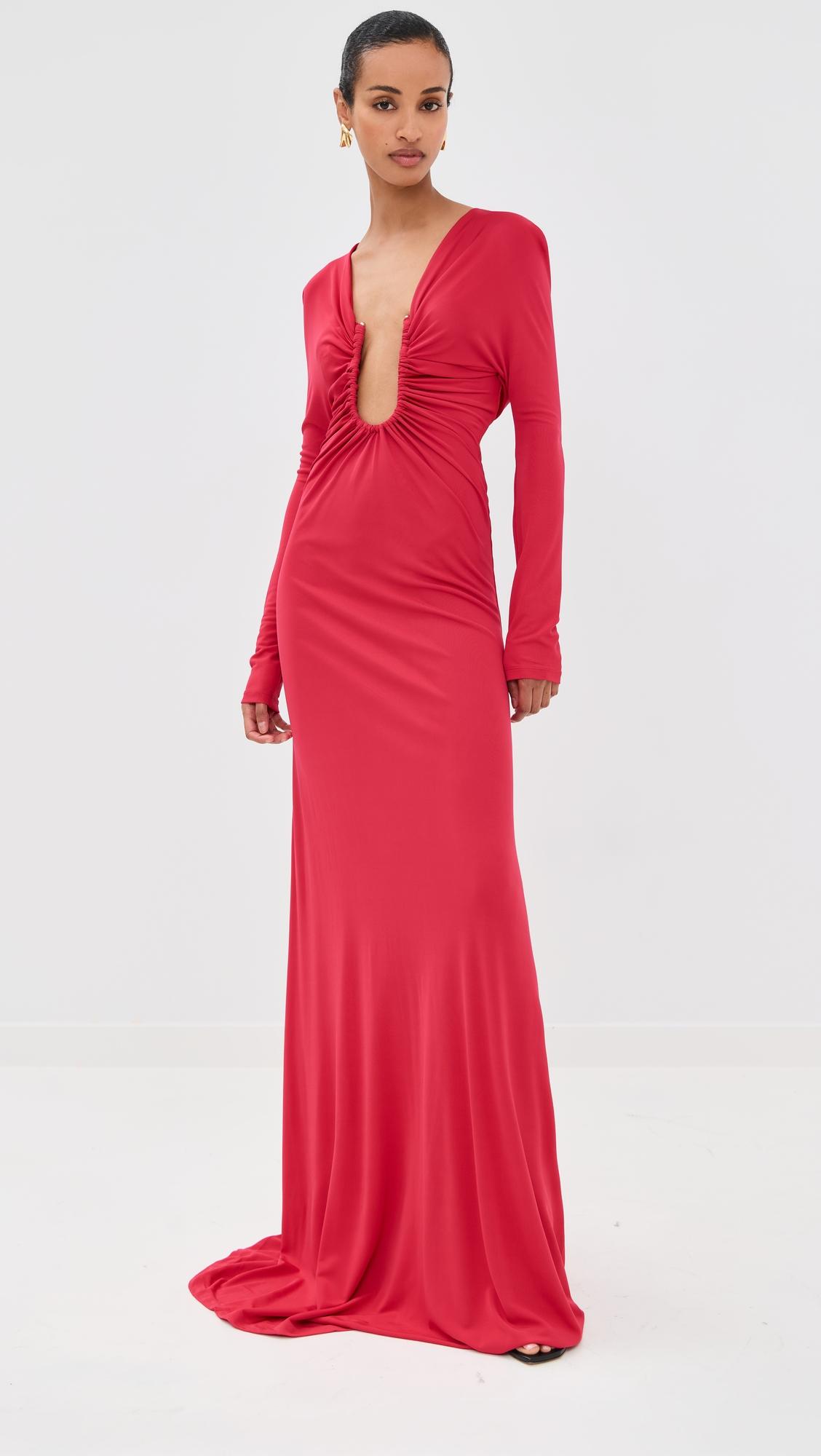 arced palm strapless shawl gown