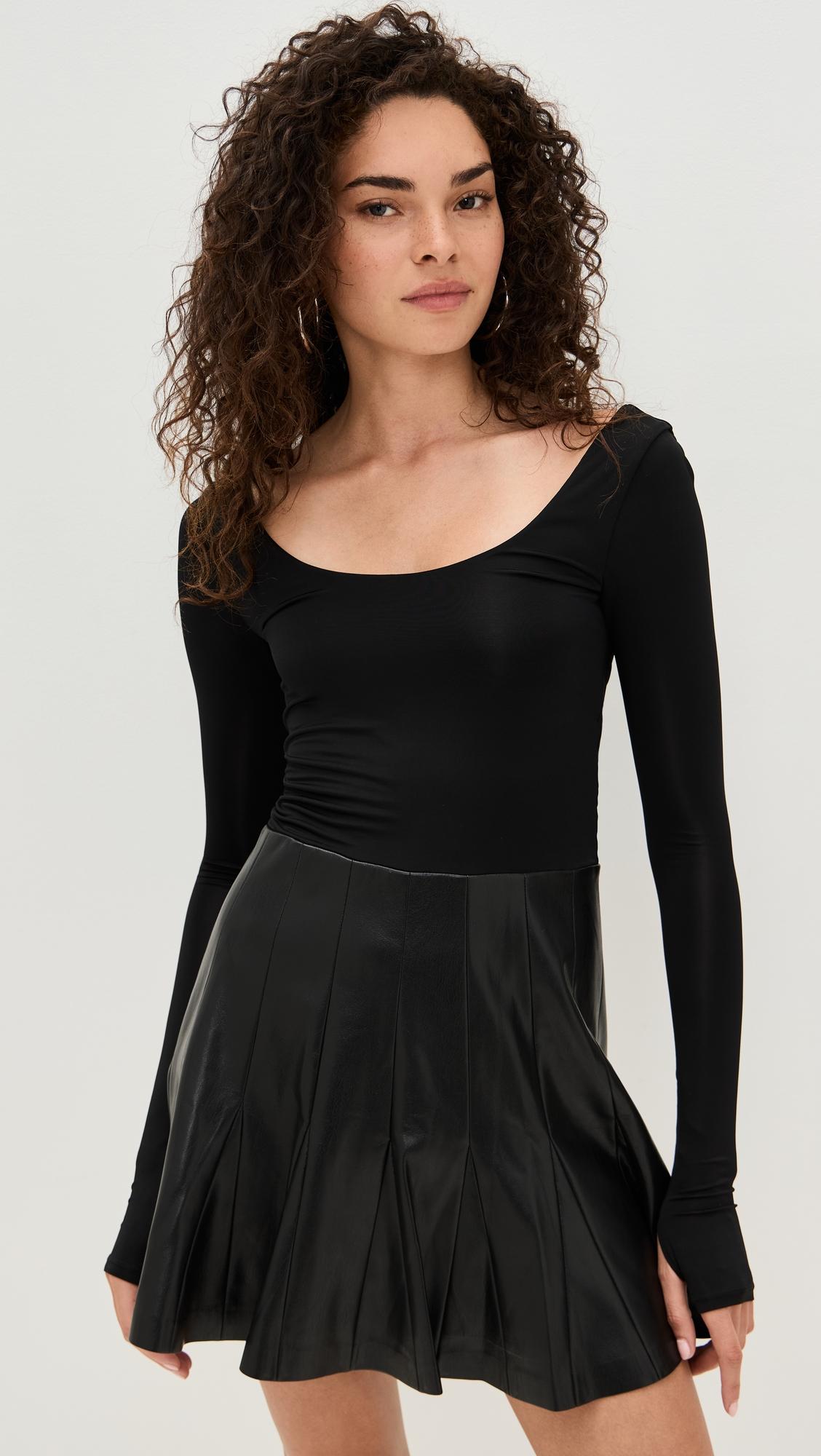 arden vegan leather scoop neck pleated mini dress