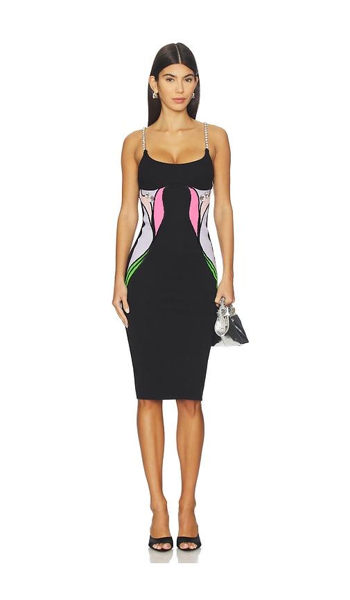 area colorblock lily flower midi dress in black.