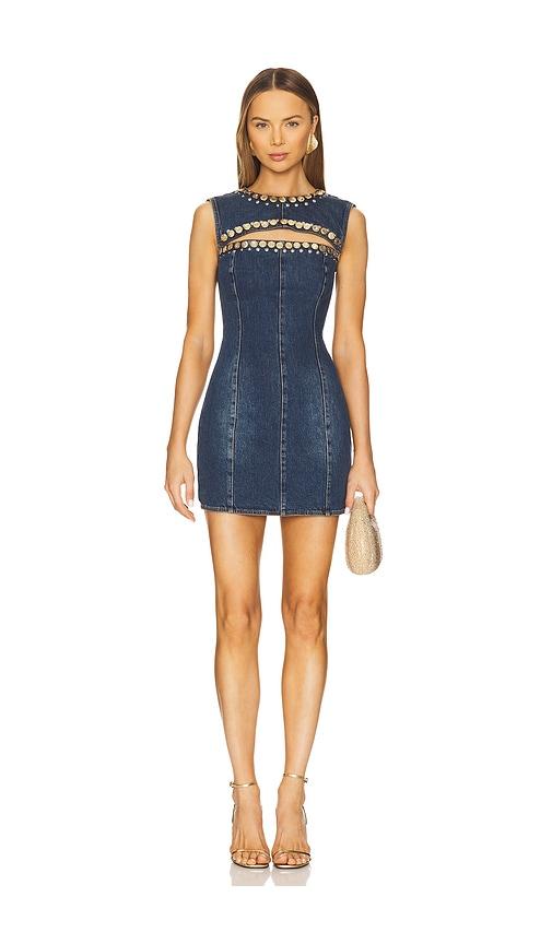 area crystal cut out mini dress in blue.