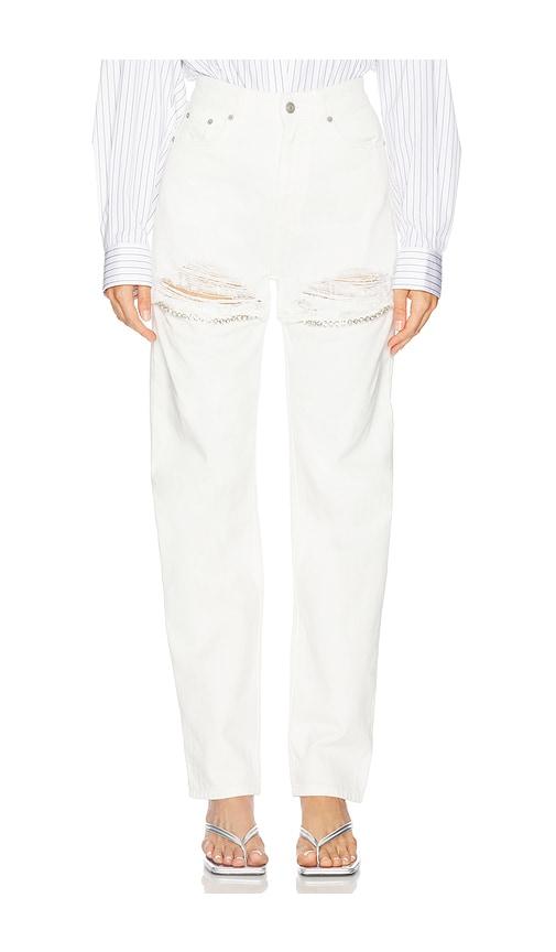 area crystal fray slit jean in white.