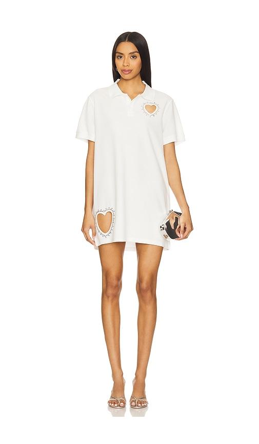area crystal heart cutout polo dress in white.