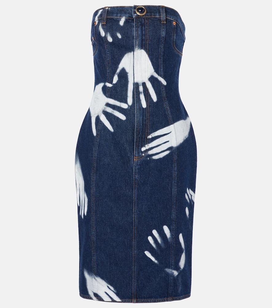 area printed strapless denim midi dress