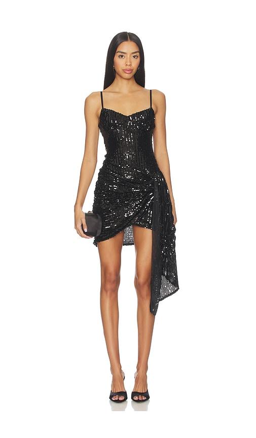 area wrapped sequin mini dress in black.